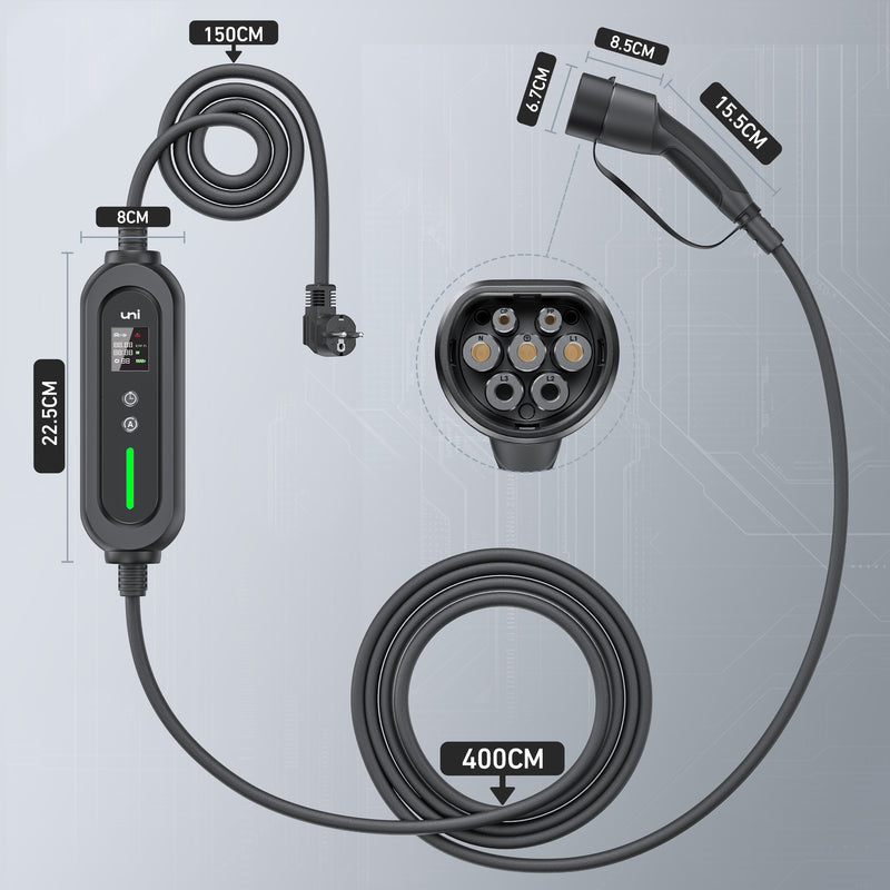 uni Type 2 充電ケーブル 3.68 kW、単相 | 6-16A
