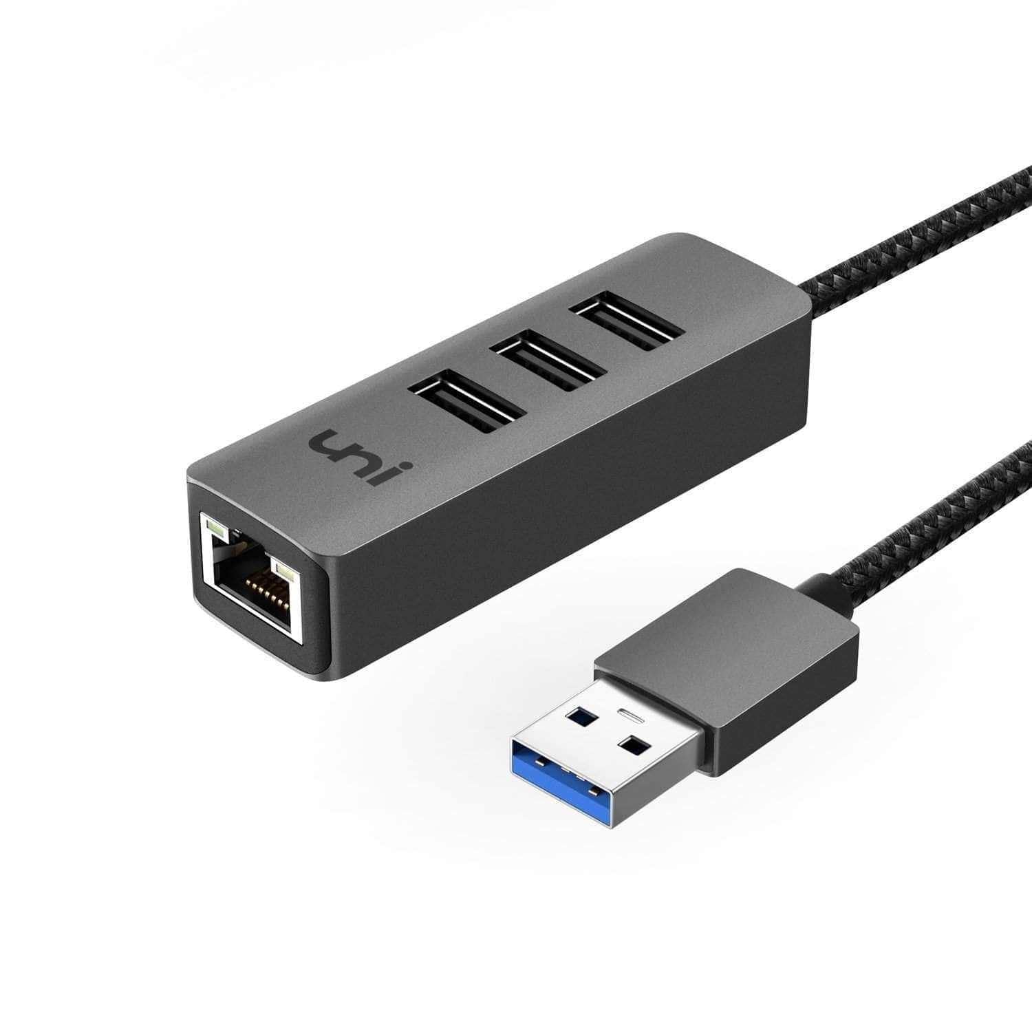 USB-A Hub ( 4 in 1 ) Ethernet Adapter, RJ45 & 3 x USB 3.0 Adapter | uni