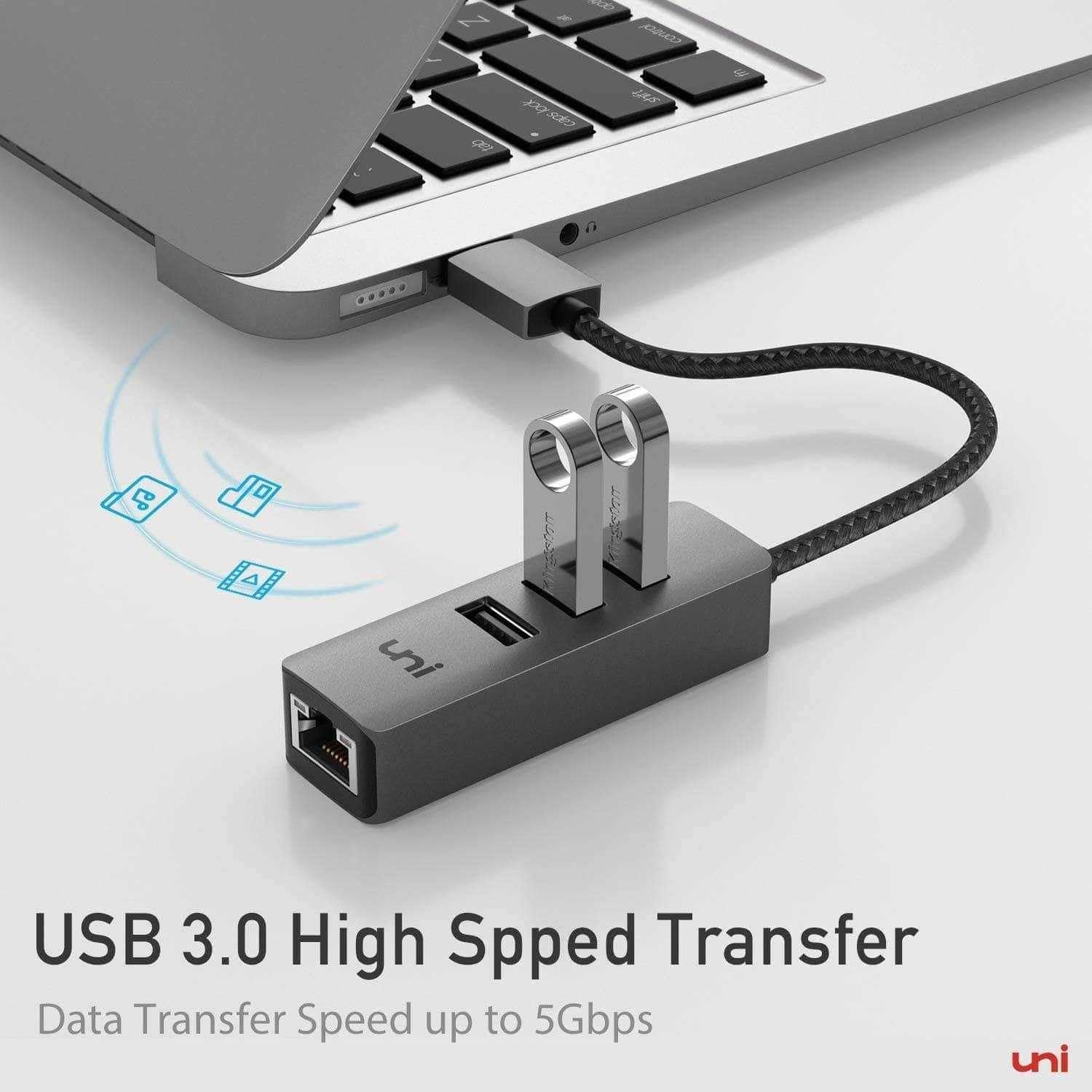 USB-A Hub ( 4 in 1 ) Ethernet Adapter, RJ45 & 3 x USB 3.0 Adapter | uni